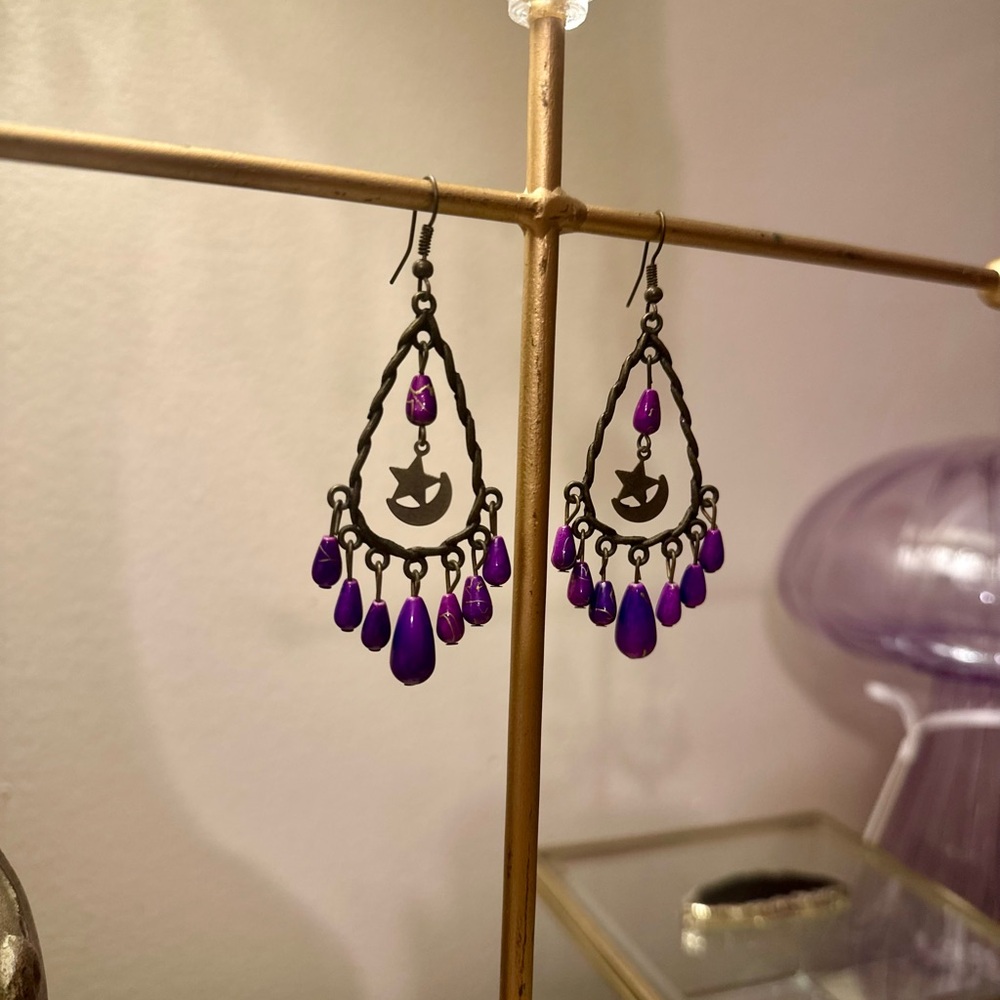 Purple W/ Subtle Gold Swirl Teardrop Earrings Featuring a Crescent Moon Design
